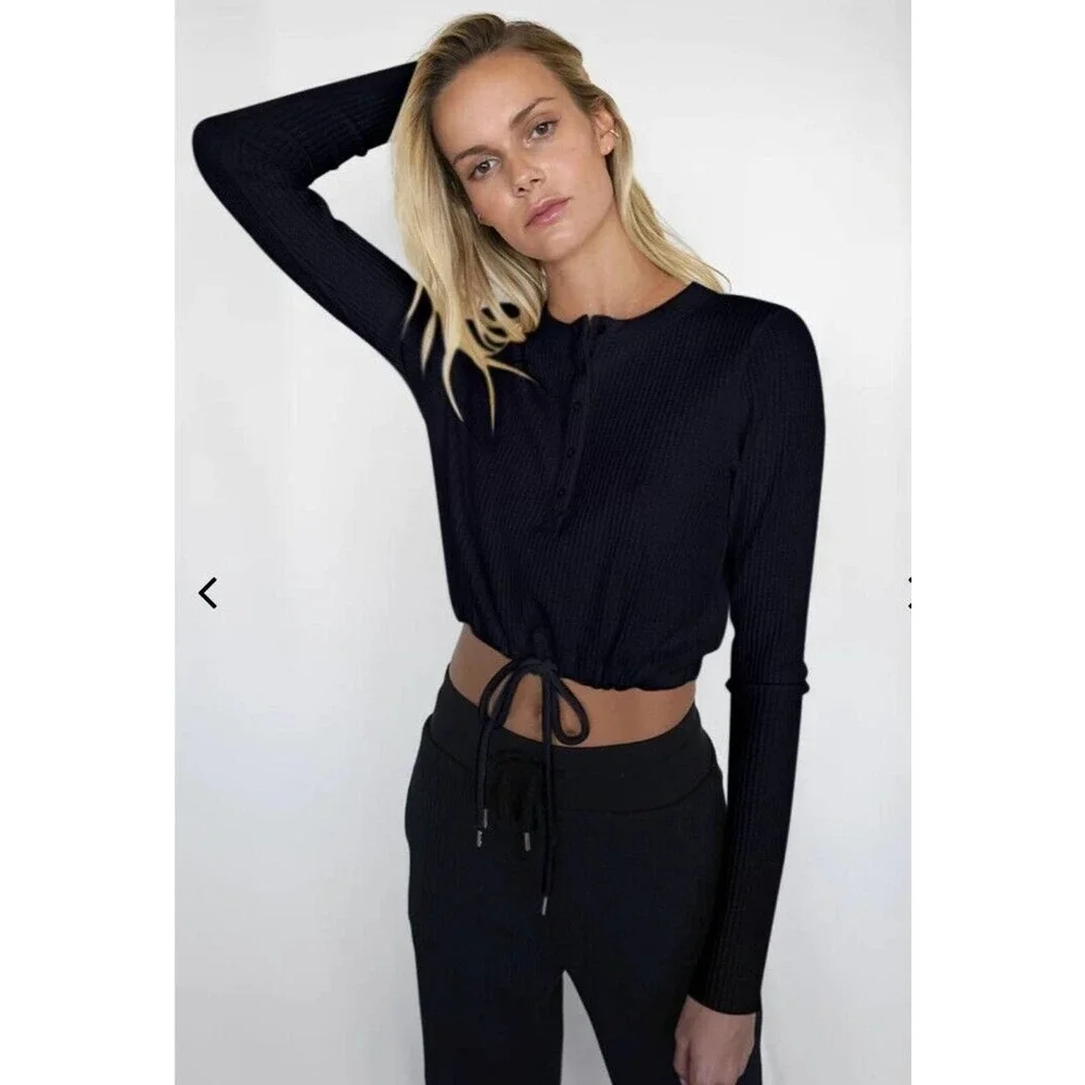 The Range Jumbo Stark Black Thermal Drawcord Long Sleeve Henley NWT